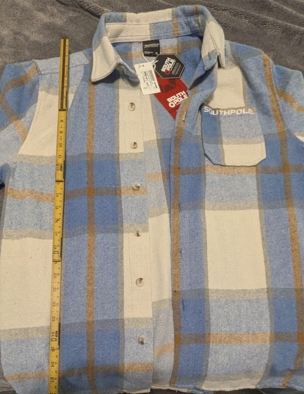 South Pole Blue Cream Brown Plaid Button-Down Shirt with Chest Pocket